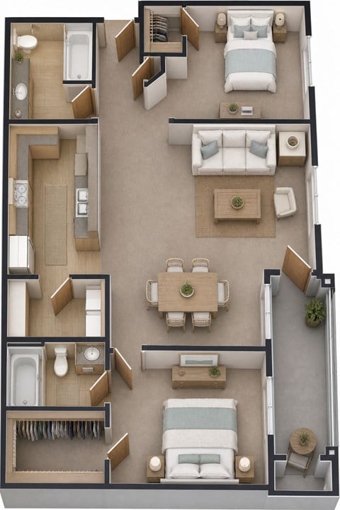 Floor plan for 2 beds, 2 baths, 1073 sqft